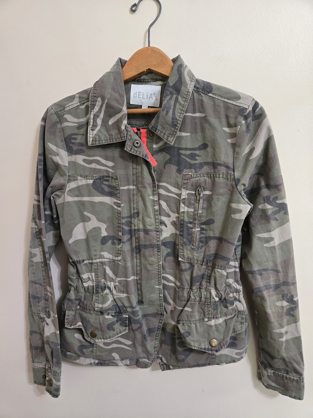 Vintage dELiA*s Camo Utility Jacket Women's M Y2K Military Zip Drawstring‎ Pink